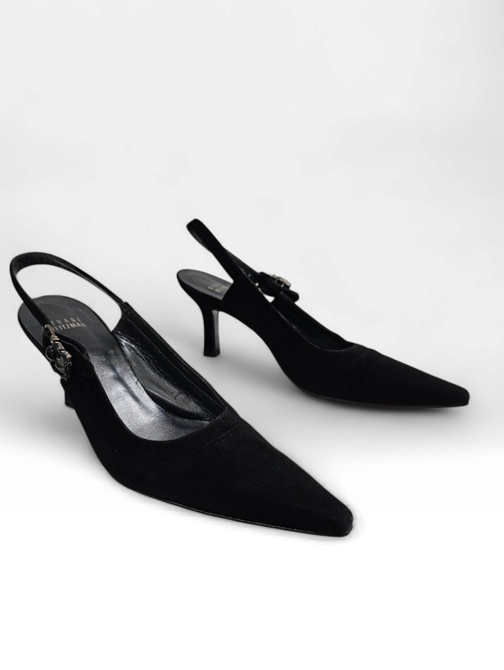 Stuart Weitzman Vtg Black Suede Pointed Toe Slingback Kitten Heel Pumps 6b